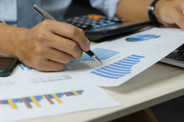 Businessman Holding Pen Work Computer Graphs Charts Data Statistical Data — Stock fotografie