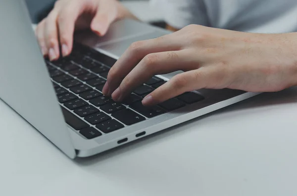Close Hand Woman Typing Keyboard Computer Laptop Desk Business Technology — Photo