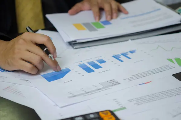 Businessman Working Office Laptop Data Documents Graphs Charts Marketing Research — Fotografia de Stock
