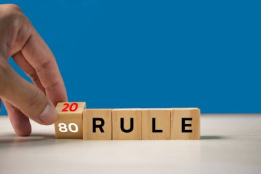 Hand holding wood cube text rule 80/20.Business finance economic concept.