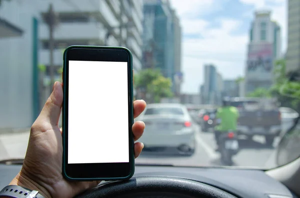 Man Holding Mobile Smartphone Mock White Screen Display Car — Zdjęcie stockowe