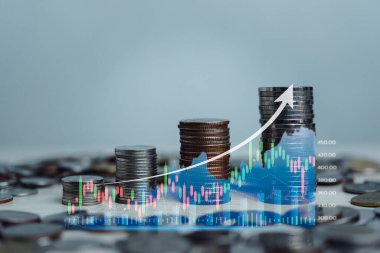 Stack money coin with business graph finance economy bank and chart investment wealth accounting development concept.