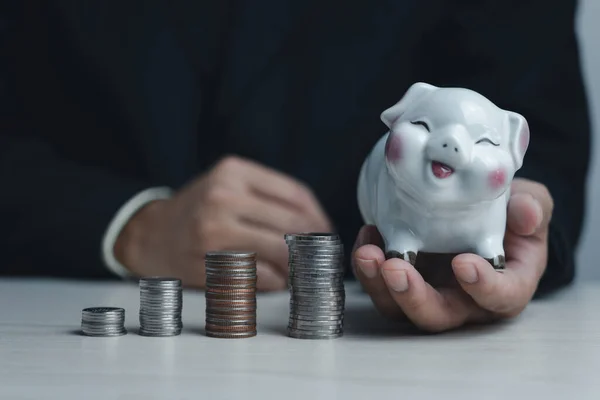 Businessman Holding Piggy Bank Business Finance Investment Stock Tax Insurance — Stockfoto