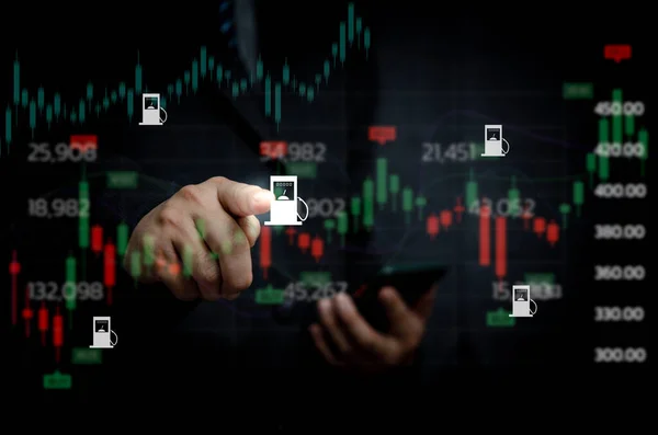 Hand Touch Screen Virtual Screen Stock Market Exchange Money Chart — Stock Photo, Image