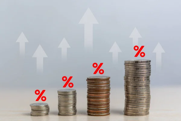 Coins Stacked Percentages Arrows Business Finance Inflation Investments Marketing — Stockfoto