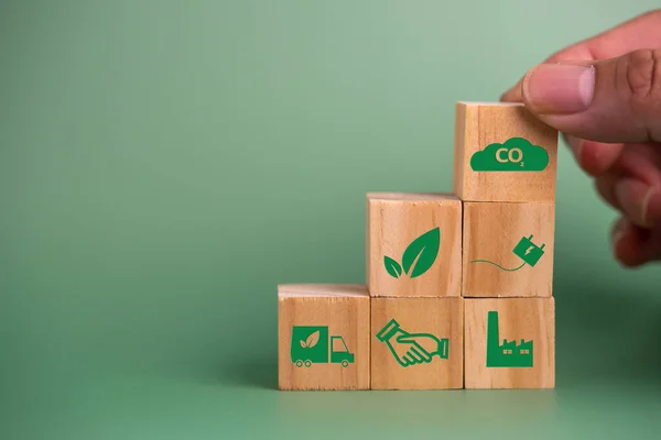 Hand Holding Wood Cube Block Icon Co2 Carbon Credit Eco — Zdjęcie stockowe