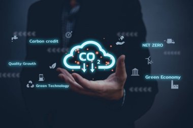 İş adamı eli küresel ısınmaya dokunuyor yenilenebilir enerji sanal ekranına. Karbondioksit salınımını düşür. Sürdürülebilir iş geliştirme kavramı.