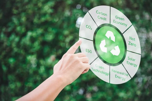 Ręczny Dotyk Ikona Recykling Zielonej Energii Węgiel Kredyt Netto Zero — Zdjęcie stockowe