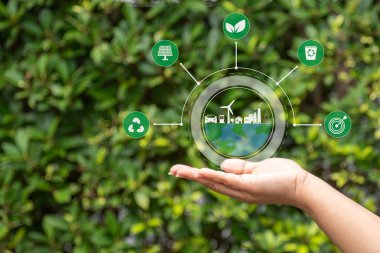 Çevre ikonları ile el CO2 emisyon ikonları küresel ısınma ikonları sürdürülebilir kalkınma ve yeşil iş yenilenebilir enerji temiz ve dost çevre kavramı.