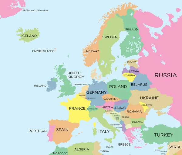 Kolorowe polityczna mapa Europy — Wektor stockowy