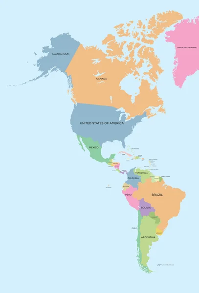 Barevná politická mapa Severní a Jižní Ameriky — Stockový vektor