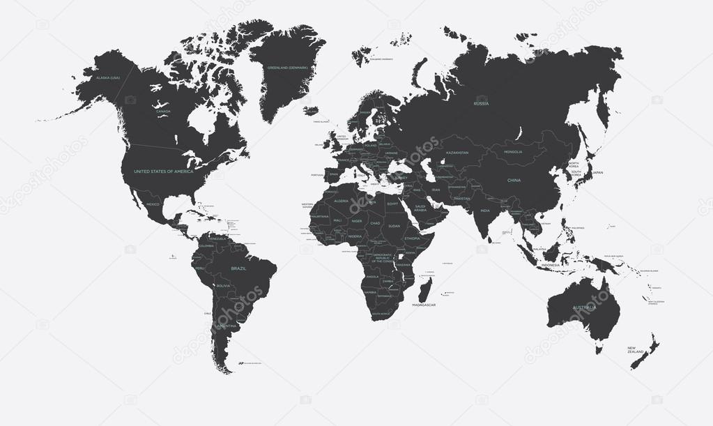 Black and white political map of the world vector