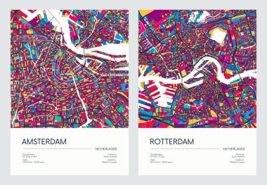 Renkli ayrıntılı yol haritası, şehir sokak planı Amsterdam ve Rotterdam renkli mahalleler ve bölgeler, seyahat vektör posteri