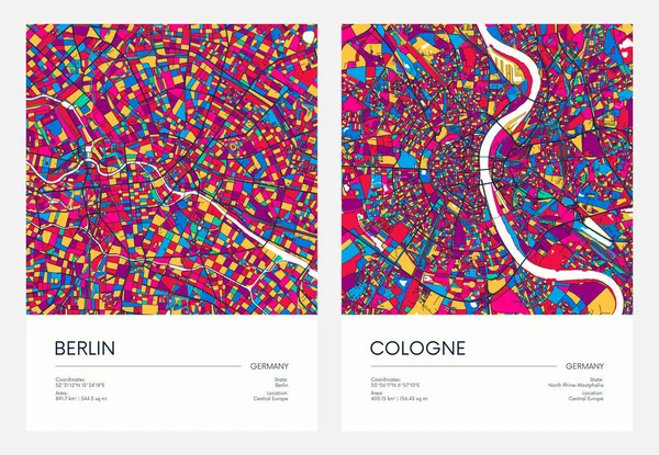 Farblich Detaillierte Straßenkarte Stadtplan Stadt Berlin Und Köln Mit Bunten — Stockvektor