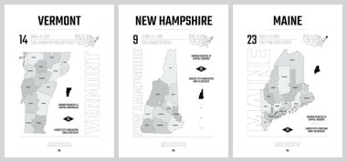 ABD eyalet haritalarının son derece detaylı vektör siluetleri, Birleşik Devletler Bölümü, eyaletlerin siyasi ve coğrafi alt birimleri, New England - Vermont, New Hampshire, Maine - 17 'de 1 set