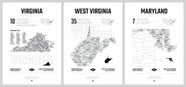 Highly detailed vector silhouettes of US state maps, Division United States into counties, political and geographic subdivisions of a states, South Atlantic - Virginia, West Virginia, Maryland - set 8 of 17 clipart
