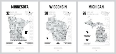 Highly detailed vector silhouettes of US state maps, Division United States into counties, political and geographic subdivisions of a states, The Great Lakes region - Minnesota, Wisconsin,  Michigan - set 5 of 17 clipart