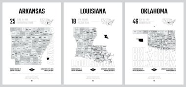 Highly detailed vector silhouettes of US state maps, Division United States into counties, political and geographic subdivisions of a states, West South Central - Arkansas, Louisiana, Oklahoma - set 12 of 17 clipart