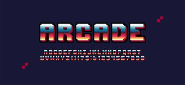 Video oyunlarından geçmişe dönük latin arcade piksel yazı tipi, vektör geometrik 8 bit tasarım harfleri ve numaraları, renkli pikselli yazı tipi