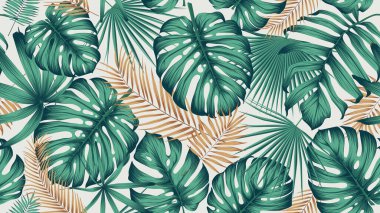 Seamless pattern with bright green leaves of monstera and tropical plants on a light background, contemporary collage trendy exotic vector composition clipart