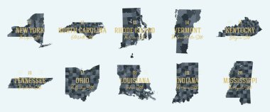 Set 2 of 5 Division United States into counties, political and geographic subdivisions of a states, Highly detailed vector maps with names and territory nicknames clipart