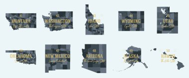 Set 5 of 5 Division United States into counties, political and geographic subdivisions of a states, Highly detailed vector maps with names and territory nicknames clipart