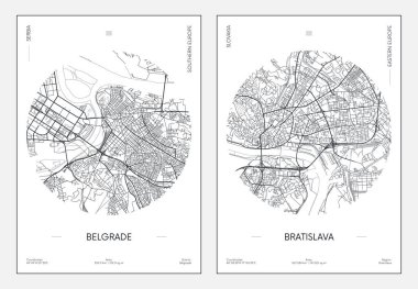 Seyahat afişi, şehir planı şehir haritası Belgrad ve Bratislava, vektör illüstrasyonu
