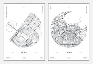Seyahat posteri, şehir planı şehir haritası Dubai ve Doha, vektör illüstrasyonu