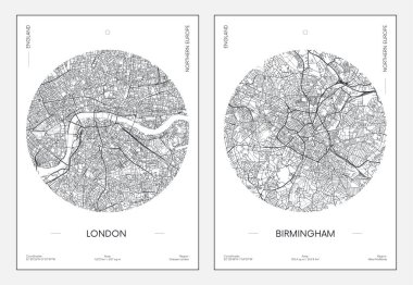 Seyahat posteri, şehir planı şehir haritası Londra ve Birmingham, vektör illüstrasyonu