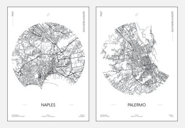 Seyahat posteri, şehir planı şehir haritası Napoli ve Palermo, vektör illüstrasyonu