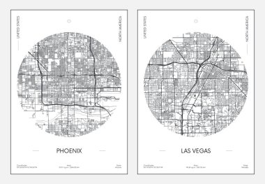 Seyahat posteri, şehir planı şehir haritası Phoenix ve Las Vegas, vektör illüstrasyonu