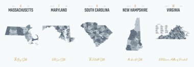 Vector set 2 of 10 Highly detailed silhouettes of US state maps, divided into counties with names and territory nicknames clipart