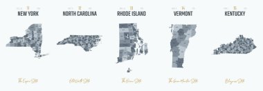 Vector set 3 of 10 Highly detailed silhouettes of US state maps, divided into counties with names and territory nicknames clipart