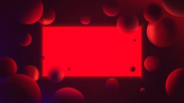Futuristic vector gradient poster with glowing red rectangle on dark background, neon lighting with reflex on spheres, abstract illustration with geometric shapes clipart
