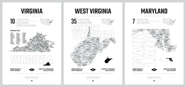 美国各州地图的高度详细的矢量轮廓 将美国划分为几个县 一个州的政治和地理区划 南大西洋 弗吉尼亚 西弗吉尼亚 马里兰 17个州中的8个 — 图库矢量图片