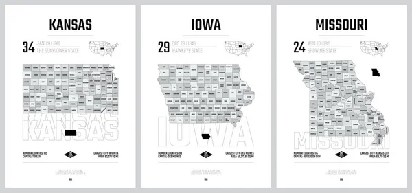 Silhouettes Vectorielles Très Détaillées Des Cartes Des États Américains Division — Image vectorielle