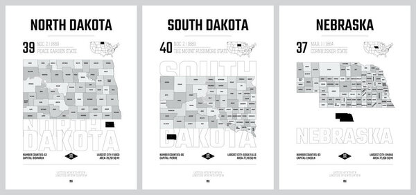 Highly detailed vector silhouettes of US state maps, Division United States into counties, political and geographic subdivisions of a states, West North Central - North Dakota, South Dakota, Nebraska - set 7 of 17