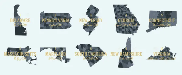 Conjunto División Estados Unidos Condados Subdivisiones Políticas Geográficas Estado Mapas — Vector de stock