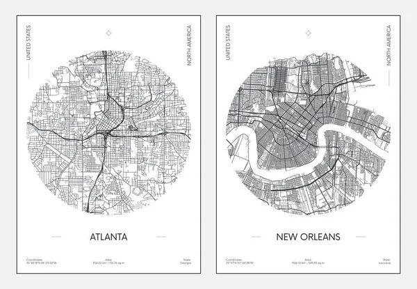Póster Viaje Plano Urbano Mapa Ciudad Atlanta Nueva Orleans Ilustración — Archivo Imágenes Vectoriales