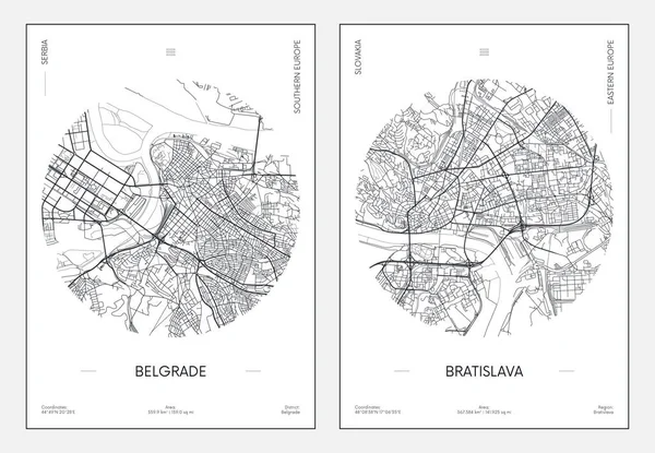 Reseaffisch Urban Gata Plan Stadskarta Belgrad Och Bratislava Vektor Illustration — Stock vektor