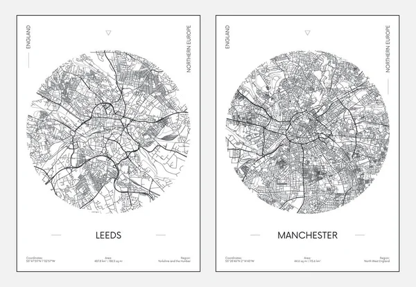 Affiche Voyage Plan Ville Plan Ville Leeds Manchester Illustration Vectorielle — Image vectorielle