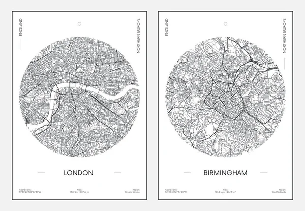Póster Viaje Plano Urbano Mapa Londres Birmingham Ilustración Vectorial — Archivo Imágenes Vectoriales