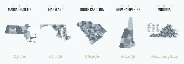 美国10个高度详细的州地图轮廓中的向量集2 分为具有名称和领土绰号的县 — 图库矢量图片