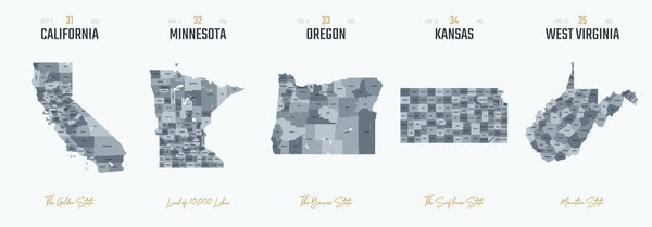 Vector set 7 of 10 Highly detailed silhouettes of US state maps, divided into counties with names and territory nicknames