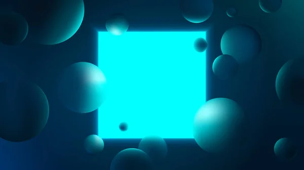 背景に青の四角形が輝く抽象ベクトル図 球体に反射するネオン照明 幾何学的形状を持つ未来的なグラデーションポスター — ストックベクタ