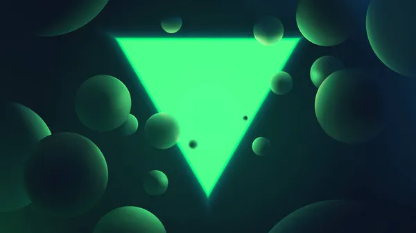 背景に輝く緑の三角形のベクトル図 球体に反射するネオン照明 幾何学的形状を持つ未来的なグラデーションポスター — ストックベクタ