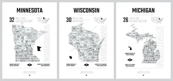 高度详细的美国州地图矢量轮廓 将美国划分为几个县 一个州的政治和地理区划 大湖区 明尼苏达州 威斯康星州 密歇根州 17个县中的5个 免版税图库插图