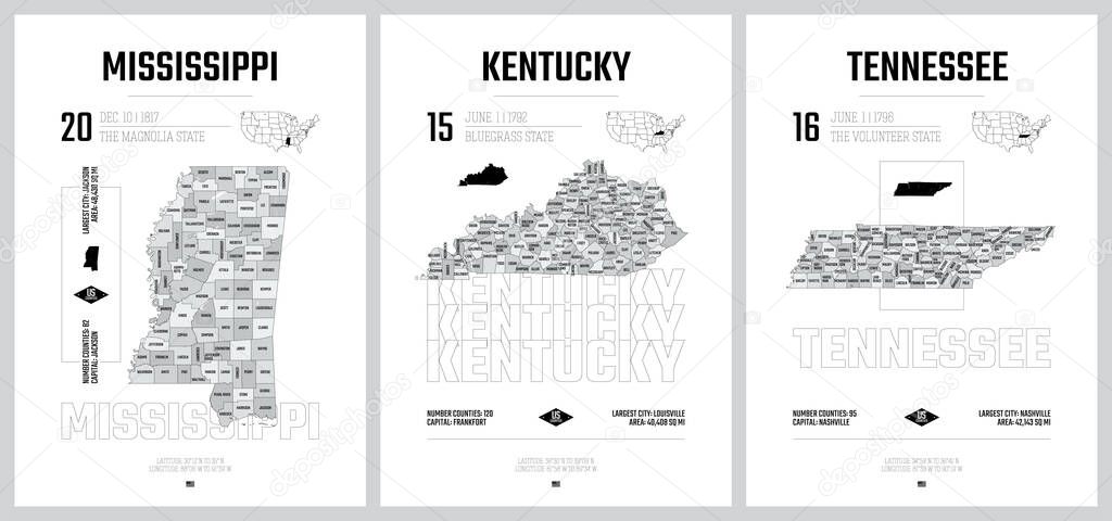 Highly detailed vector silhouettes of US state maps, Division United States into counties, political and geographic subdivisions of a states, East South Central - Mississippi, Kentucky, Tennessee - set 11 of 17