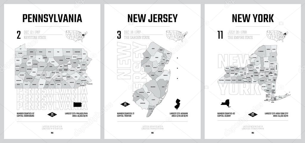 Highly detailed vector silhouettes of US state maps, Division United States into counties, political and geographic subdivisions of a states, Mid-Atlantic - Pennsylvania, New Jersey, New York - set 3 of 17