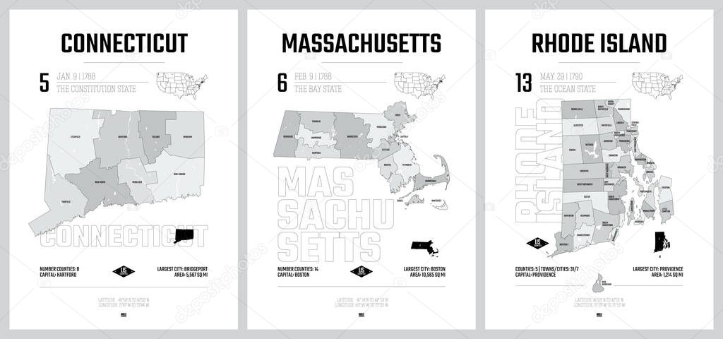Highly detailed vector silhouettes of US state maps, Division United States into counties, political and geographic subdivisions of a states, New England - Connecticut, Massachusetts, Rhode Island - set 2 of 17